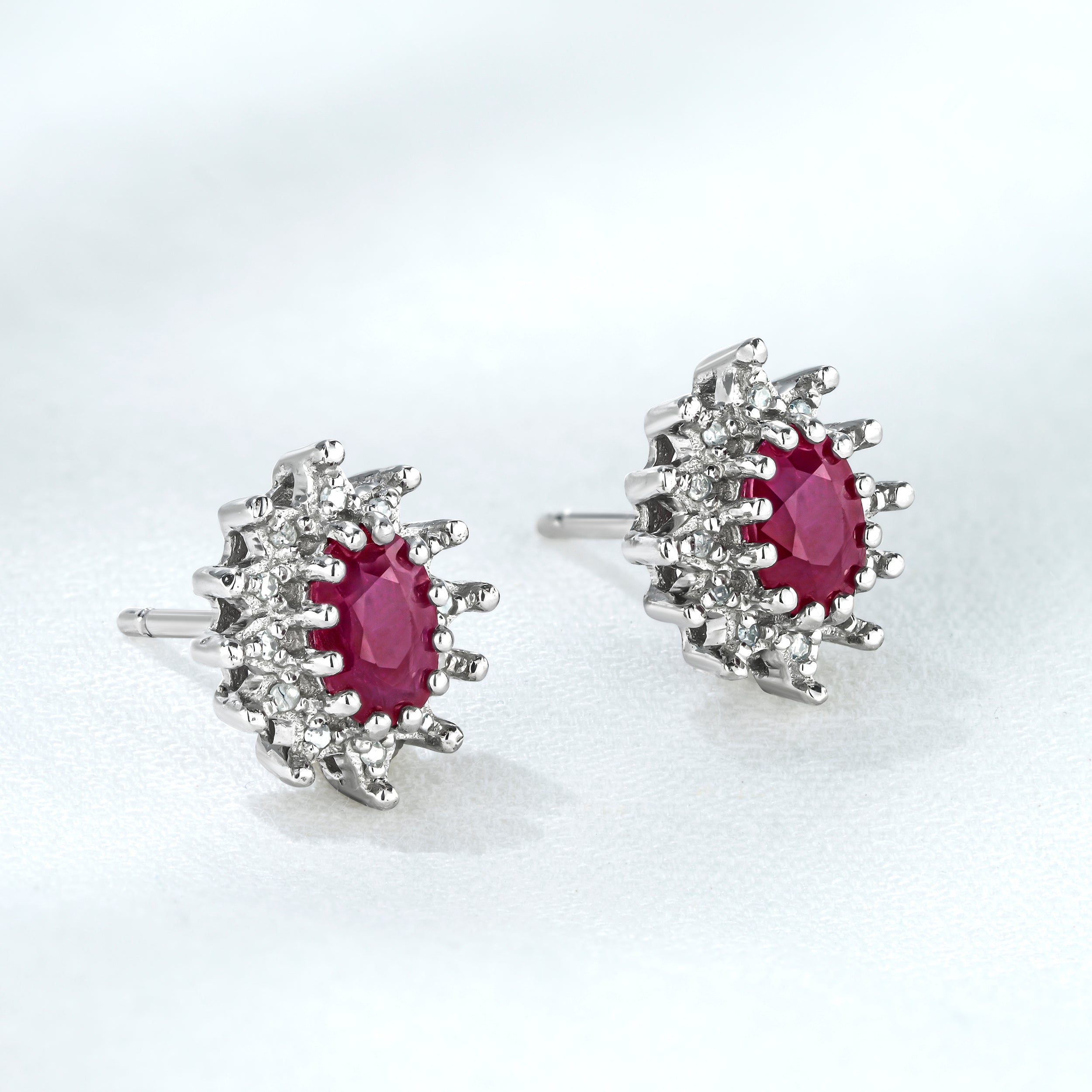Ruby 6 x 4mm And Diamond Cluster 925 Sterling Silver Earrings